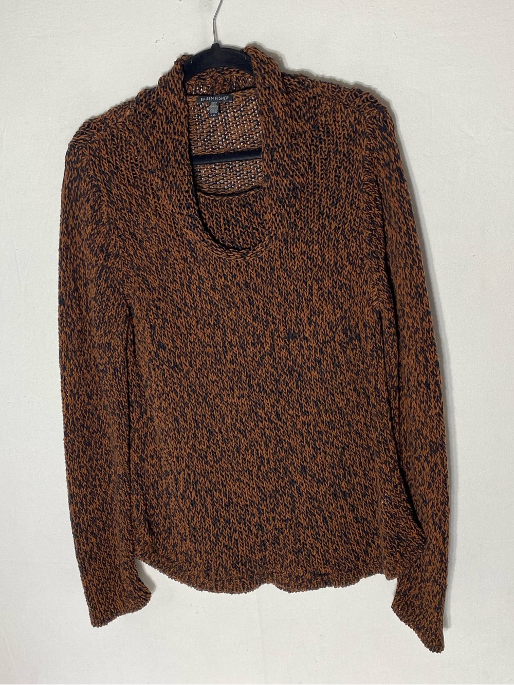 Eileen Fisher Brown Black Marled Organic Cotton Linen Bland Cowl Neck Sweater L